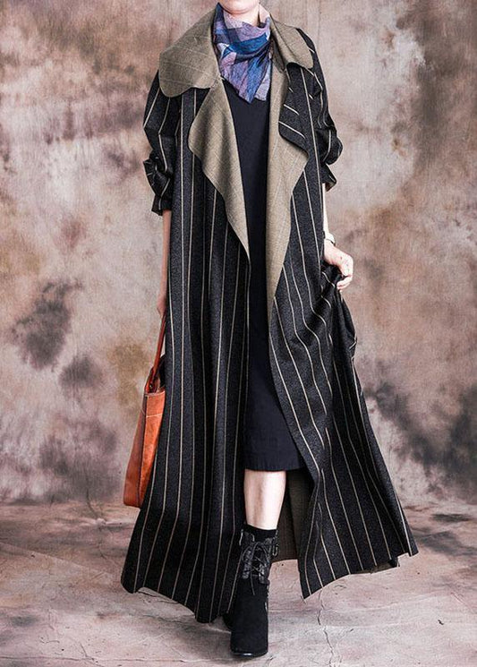 Elegant plus size long fall coat black striped Notched large hem wool overcoat - SooLinen