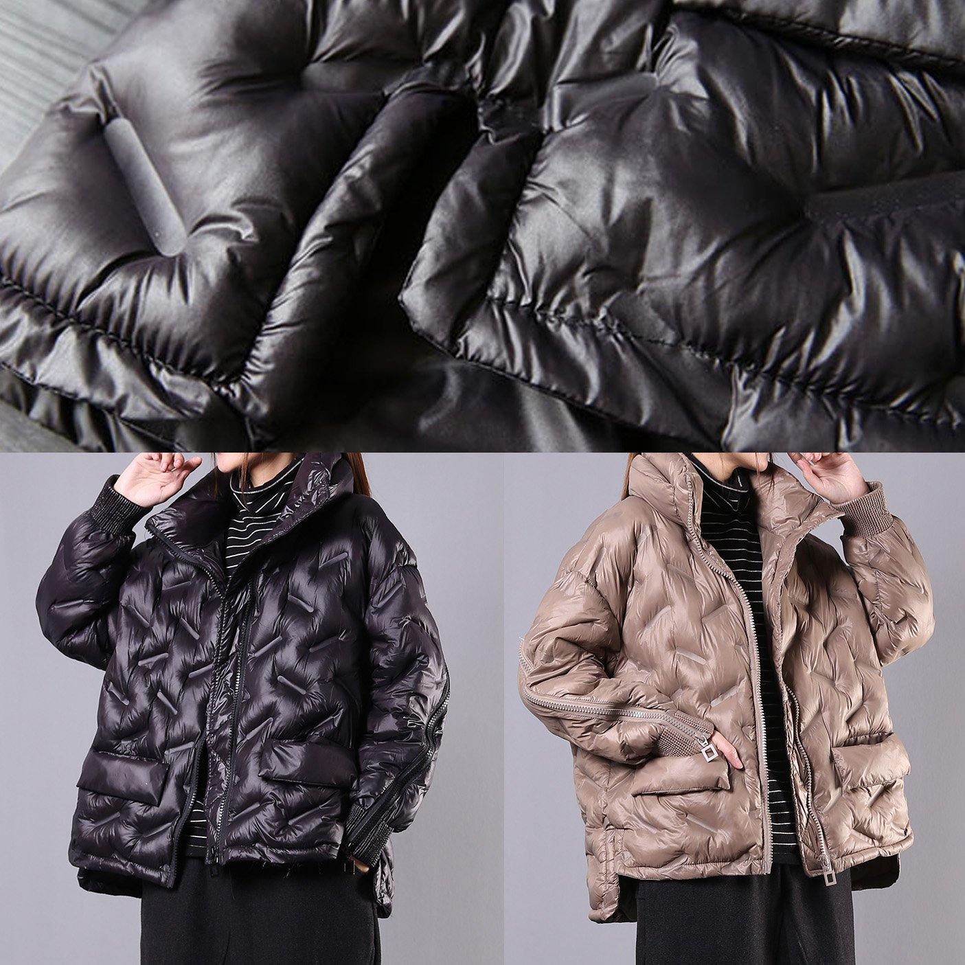 Elegant plus size winter jacket overcoat black stand collar zippered winter outwear - SooLinen