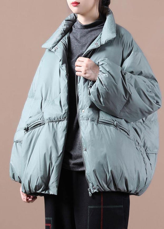 Elegant plus size winter outwear gray green stand collar Chinese Button warm winter coat - SooLinen
