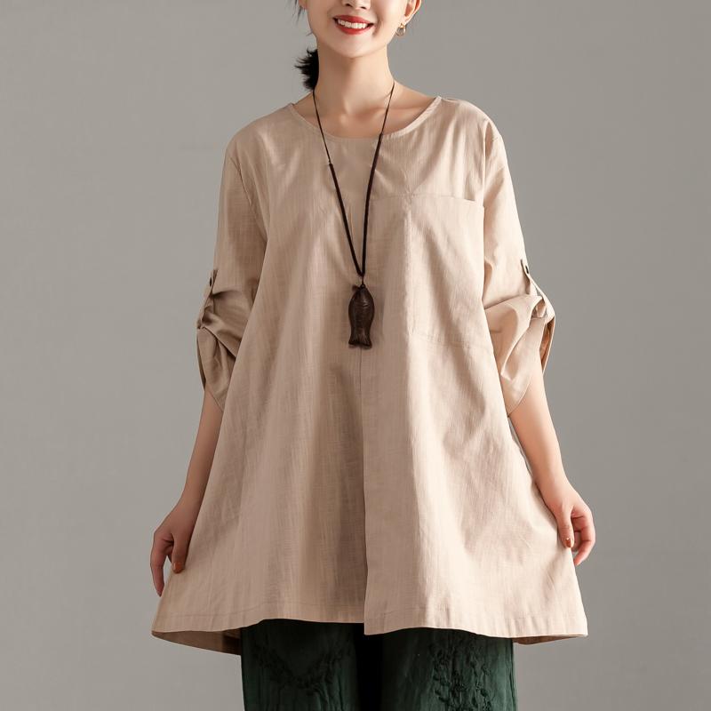 Elegante Tops aus reiner Baumwolle in Übergröße, lässig, kurzärmelig, khakifarben, mit Tasche, lange Tops