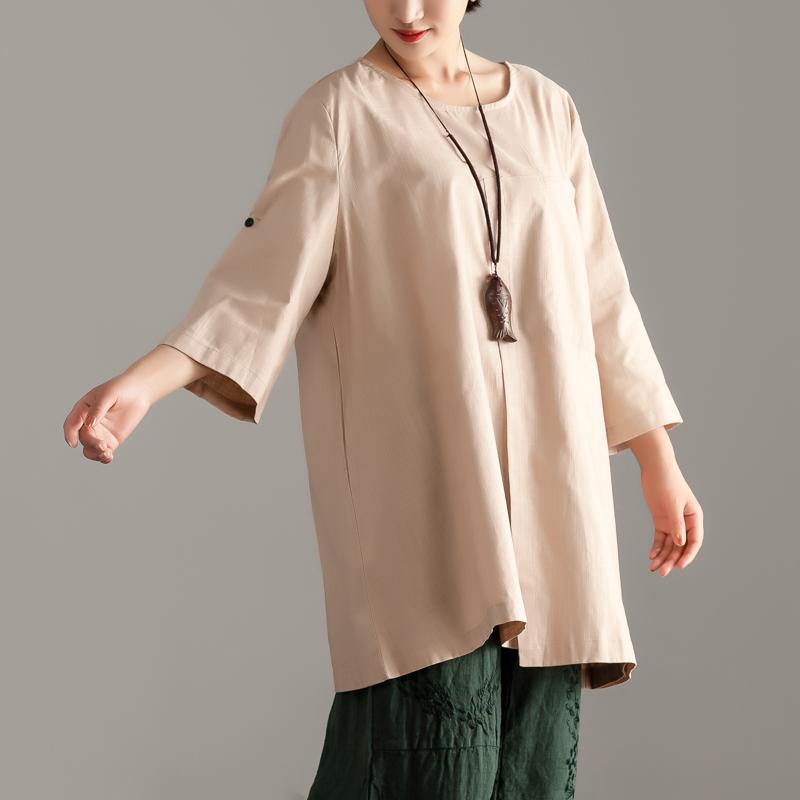 Elegante Tops aus reiner Baumwolle in Übergröße, lässig, kurzärmelig, khakifarben, mit Tasche, lange Tops