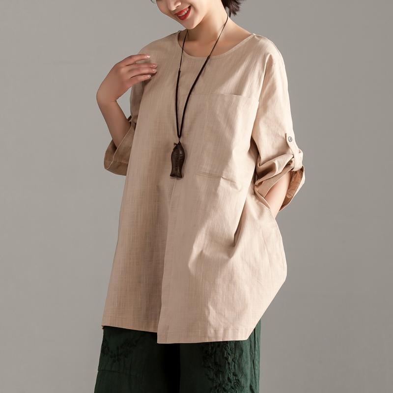 Elegante Tops aus reiner Baumwolle in Übergröße, lässig, kurzärmelig, khakifarben, mit Tasche, lange Tops