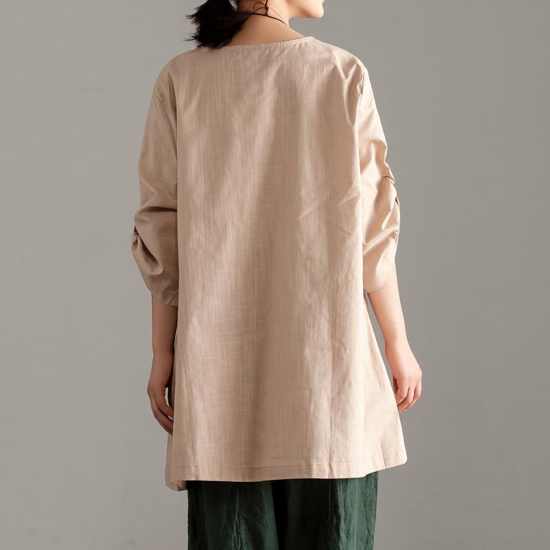 Elegante Tops aus reiner Baumwolle in Übergröße, lässig, kurzärmelig, khakifarben, mit Tasche, lange Tops