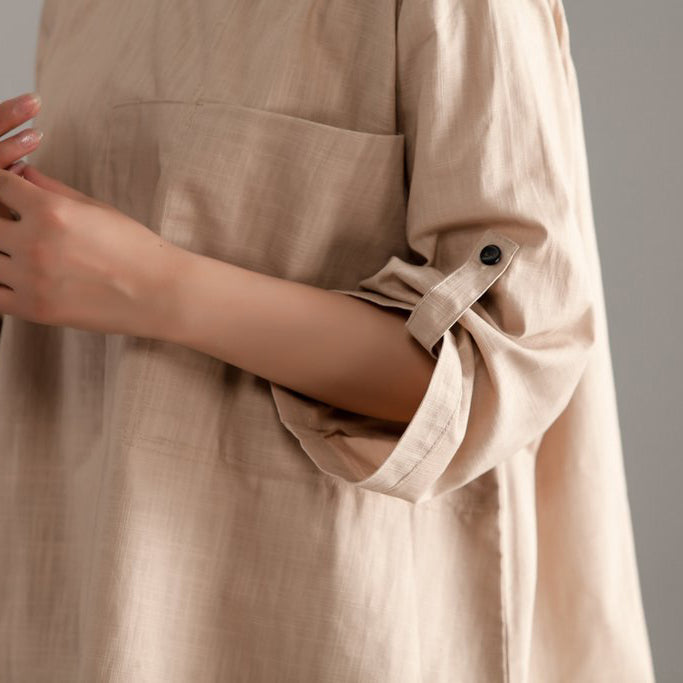 Elegante Tops aus reiner Baumwolle in Übergröße, lässig, kurzärmelig, khakifarben, mit Tasche, lange Tops