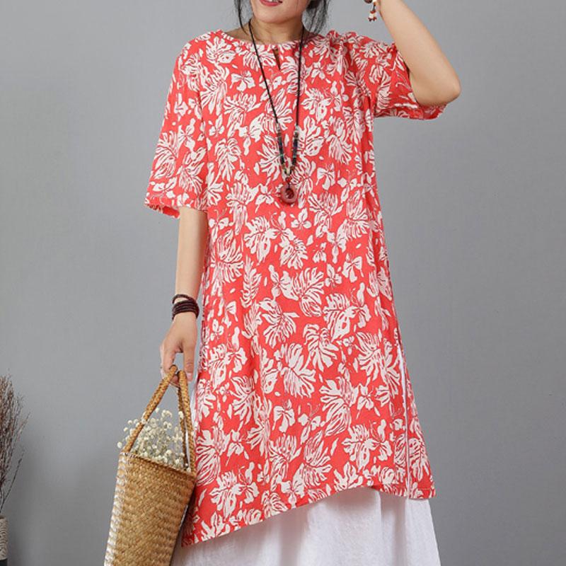 Elegante Tops aus reiner Baumwollmischung in Übergröße, bedruckte ethnische Baumwollmischung, geteilte orange-rote Tops