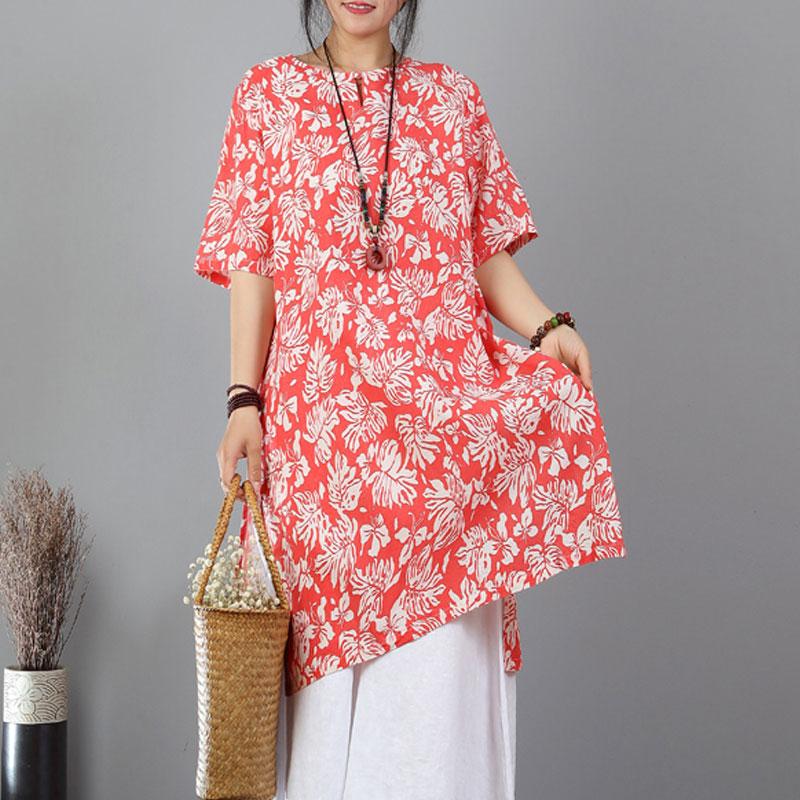 Elegante Tops aus reiner Baumwollmischung in Übergröße, bedruckte ethnische Baumwollmischung, geteilte orange-rote Tops