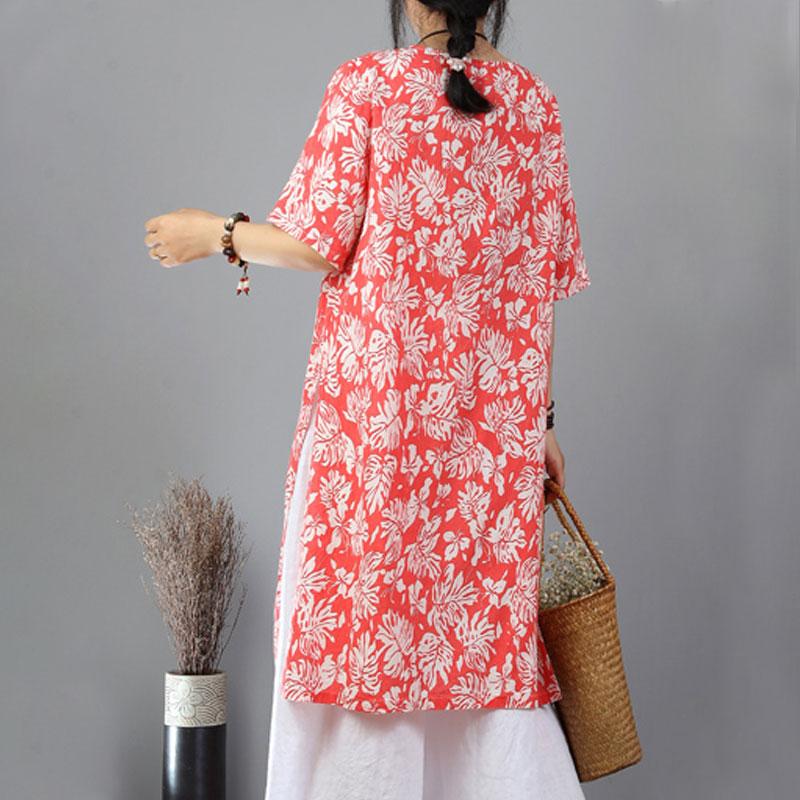 Elegante Tops aus reiner Baumwollmischung in Übergröße, bedruckte ethnische Baumwollmischung, geteilte orange-rote Tops