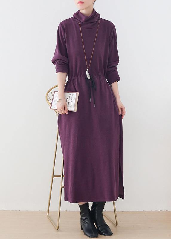 Elegant purple clothes For Women high neck drawstring Kaftan Dresses - SooLinen