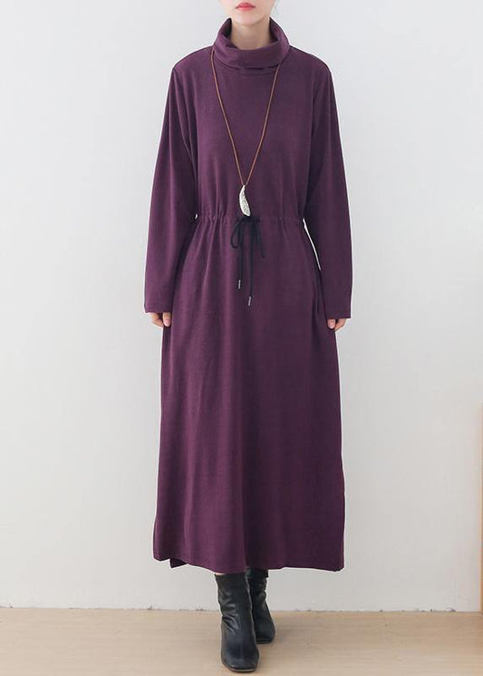 Elegant purple clothes For Women high neck drawstring Kaftan Dresses - SooLinen