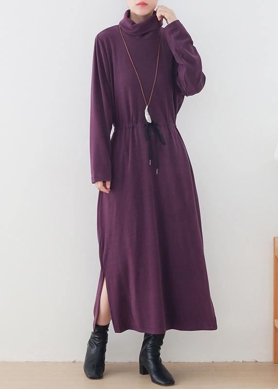 Elegant purple clothes For Women high neck drawstring Kaftan Dresses - SooLinen