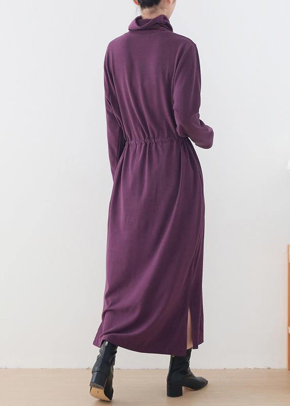 Elegant purple clothes For Women high neck drawstring Kaftan Dresses - SooLinen