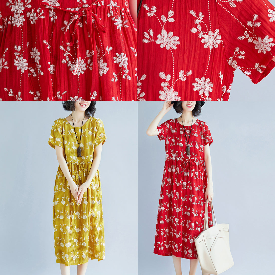 Elegantes rotes Midi-Kleid aus Baumwollmischung. Locker sitzende Reisekleidung. Neues kurzärmliges Kleid mit Kordelzug