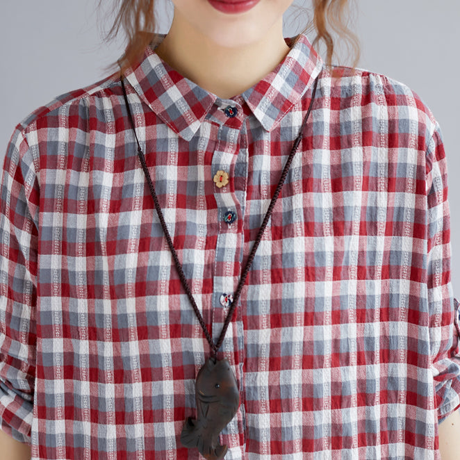 Elegantes rotes kariertes Maxi-Hemdkleid aus Baumwolle in Übergröße, Umlegekragenkleid 2018, langärmliges, seitlich offenes Hemdkleid aus Baumwolle