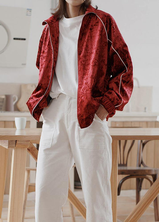 Elegant red Plus Size clothes Outfits zippered fall women coats - SooLinen