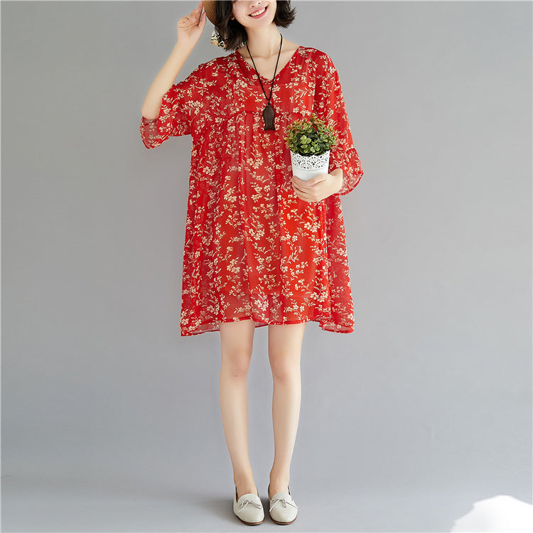 Elegantes rotes Chiffonkleid mit Rundhalsausschnitt und langen Ärmeln, Partykleid mit Print, Baggy-Kleid, Chiffonkleid