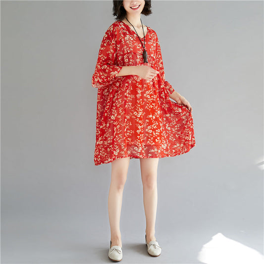 Elegantes rotes Chiffonkleid mit Rundhalsausschnitt und langen Ärmeln, Partykleid mit Print, Baggy-Kleid, Chiffonkleid