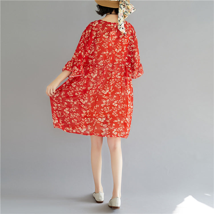 Elegantes rotes Chiffonkleid mit Rundhalsausschnitt und langen Ärmeln, Partykleid mit Print, Baggy-Kleid, Chiffonkleid