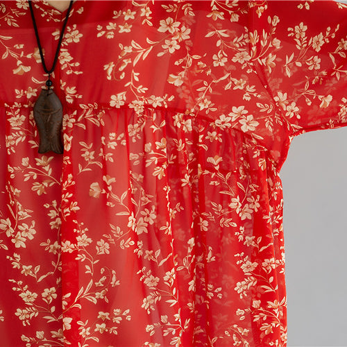 Elegantes rotes Chiffonkleid mit Rundhalsausschnitt und langen Ärmeln, Partykleid mit Print, Baggy-Kleid, Chiffonkleid