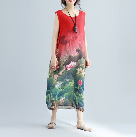 Elegantes rotes Baumwollkleid mit Blumenmuster, lässiges ärmelloses langes Baumwollkleid, feines, seitlich offenes Baumwollkleid