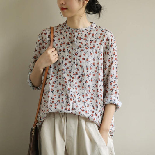 Elegant red print top o neck Button Down oversized shirt - SooLinen