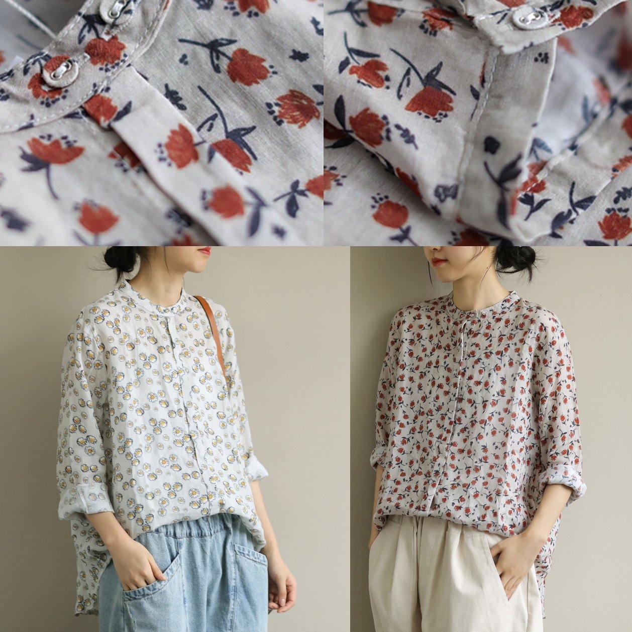 Elegant red print top o neck Button Down oversized shirt - SooLinen