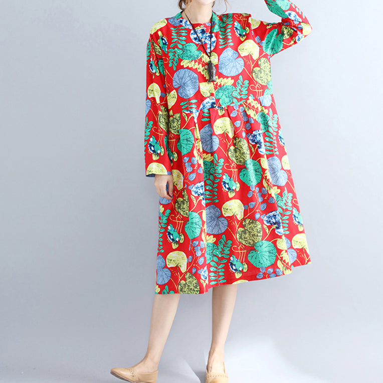 Elegante rote Drucke reine Leinenkleider lässiges Maxikleid Damen Langarm Patchwork Midikleid