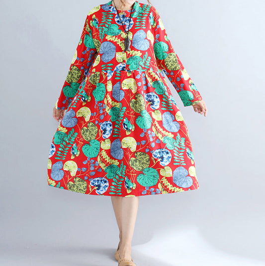 Elegante rote Drucke reine Leinenkleider lässiges Maxikleid Damen Langarm Patchwork Midikleid