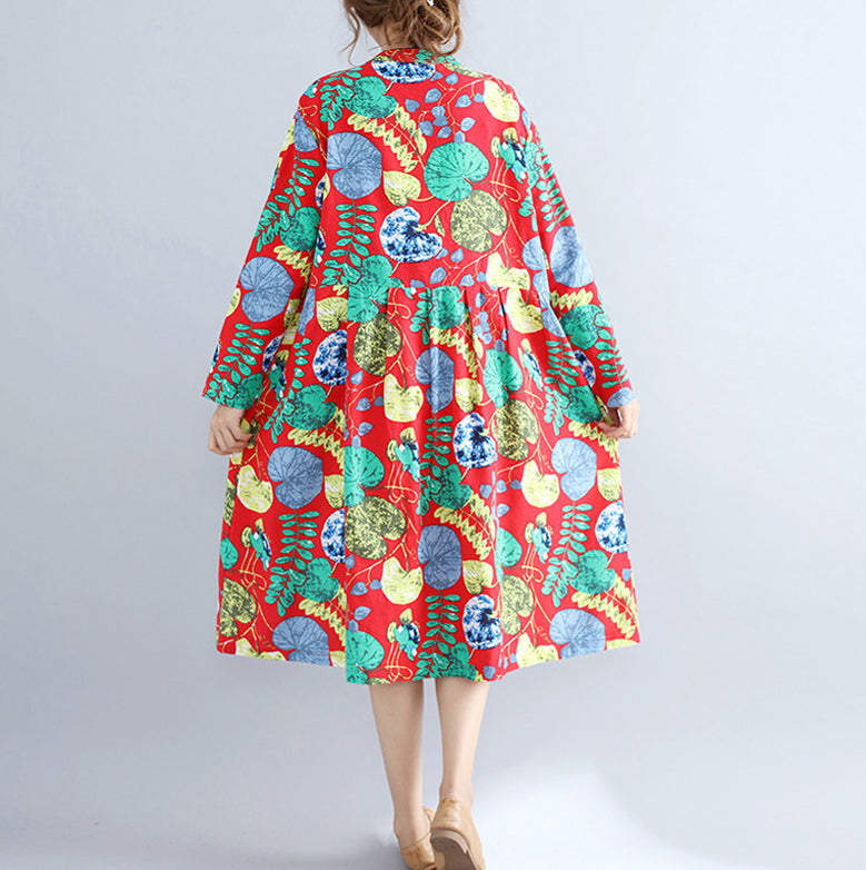 Elegante rote Drucke reine Leinenkleider lässiges Maxikleid Damen Langarm Patchwork Midikleid