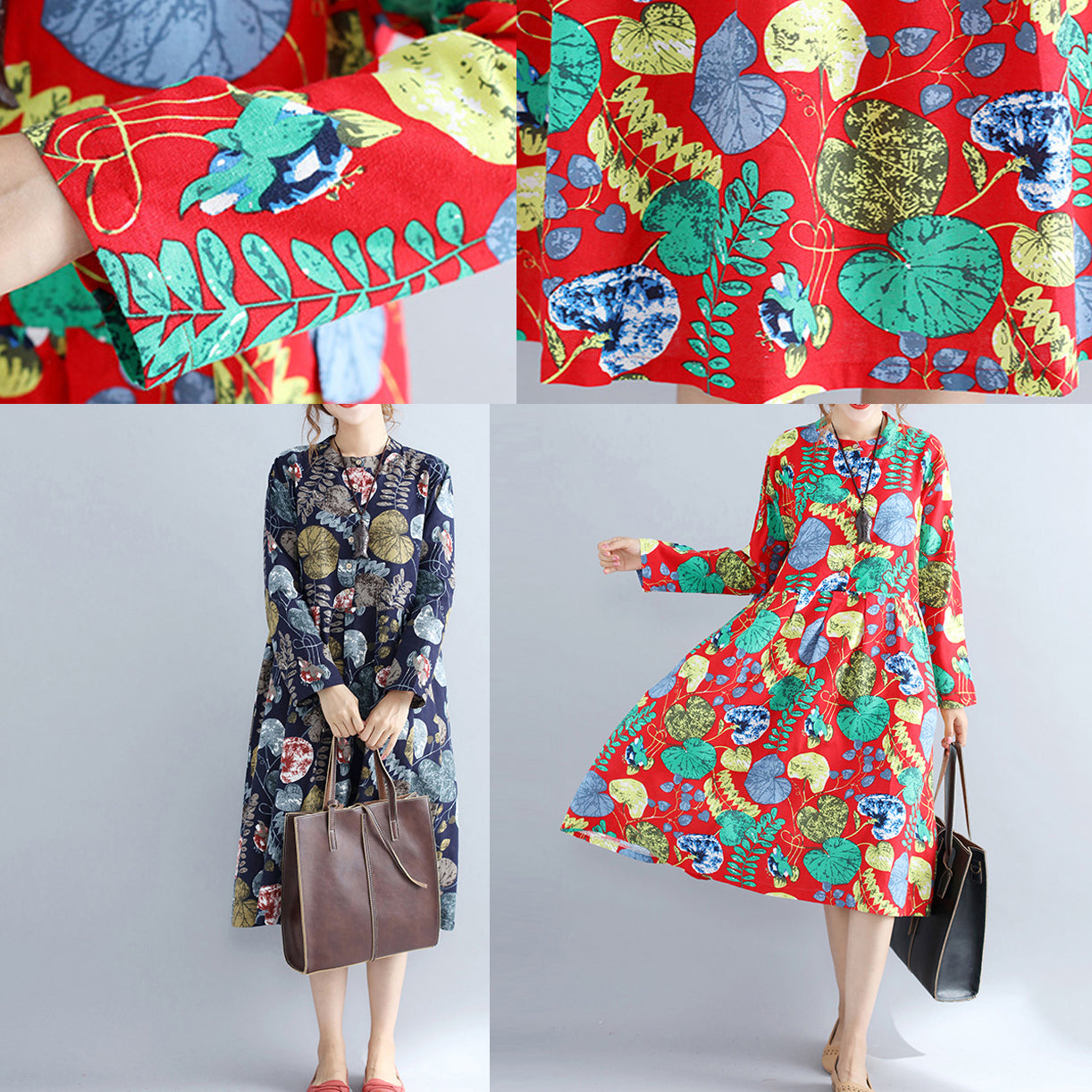 Elegante rote Drucke reine Leinenkleider lässiges Maxikleid Damen Langarm Patchwork Midikleid