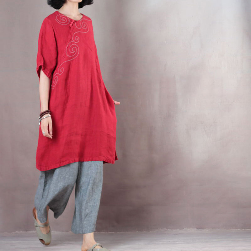 Elegante rote Oberteile aus reinem Leinen in Übergröße, Leinen-T-Shirt, Boutique, halbarm, Stickerei, Stoff mit O-Ausschnitt, Leinen-Kleidungsoberteile