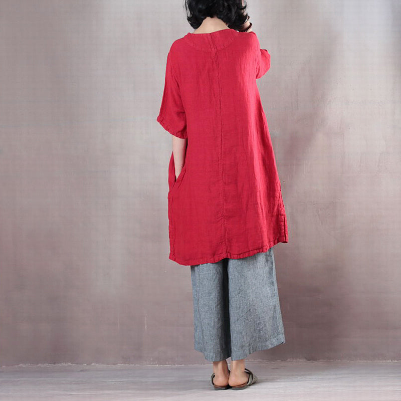 Elegante rote Oberteile aus reinem Leinen in Übergröße, Leinen-T-Shirt, Boutique, halbarm, Stickerei, Stoff mit O-Ausschnitt, Leinen-Kleidungsoberteile