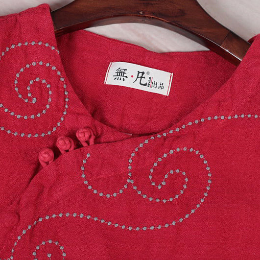 Elegante rote Oberteile aus reinem Leinen in Übergröße, Leinen-T-Shirt, Boutique, halbarm, Stickerei, Stoff mit O-Ausschnitt, Leinen-Kleidungsoberteile