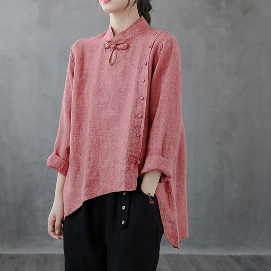 Elegant red top stand collar asymmetric oversized shirts - SooLinen
