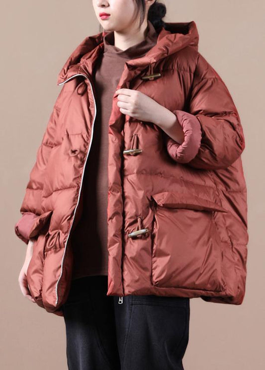 Elegant red warm winter coat Loose fitting womens parka hooded pockets Warm overcoat - SooLinen