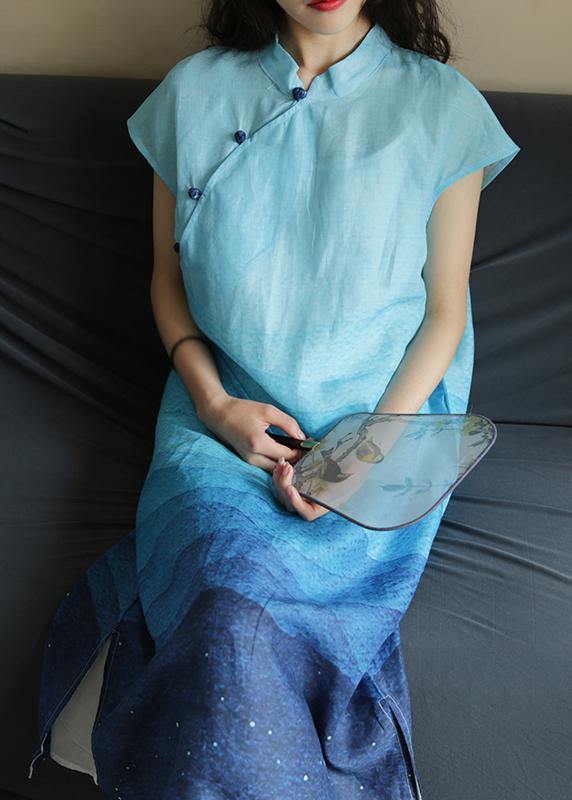 Elegant stand collar side open linen clothes Photography blue print Dresses - SooLinen