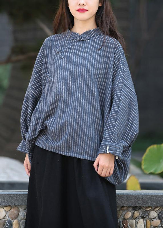 Elegant stand collar trumpet sleeves top silhouette Work Outfits navy striped shirt - SooLinen