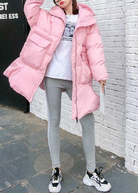 Elegant trendy plus size Jackets & Coats big pockets outwear pink thick hooded overcoat - SooLinen
