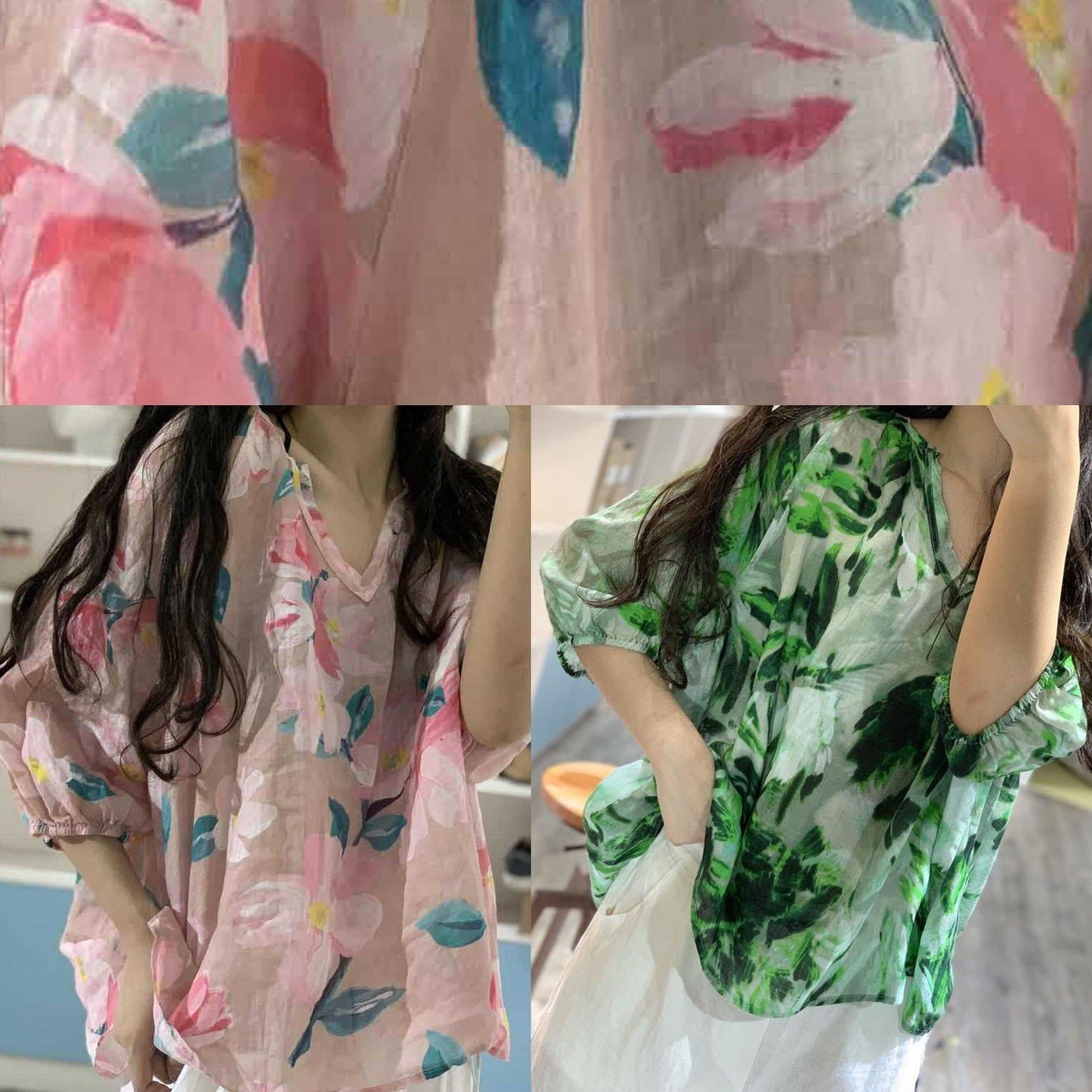 Elegant v neck linen blouses for women Fashion Ideas green prints blouses fall - SooLinen