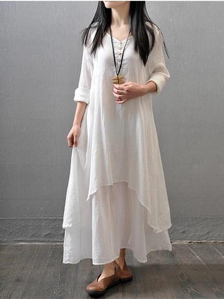 Elegant white cotton outfit v neck patchwork Dresses - SooLinen