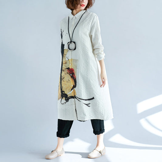 Elegante weiße Hemdkleider aus reiner Baumwolle, Baumwollkleider in Übergröße, neues Langarm-Hemdkleid aus Baumwolle mit Umlegekragen und Taschen