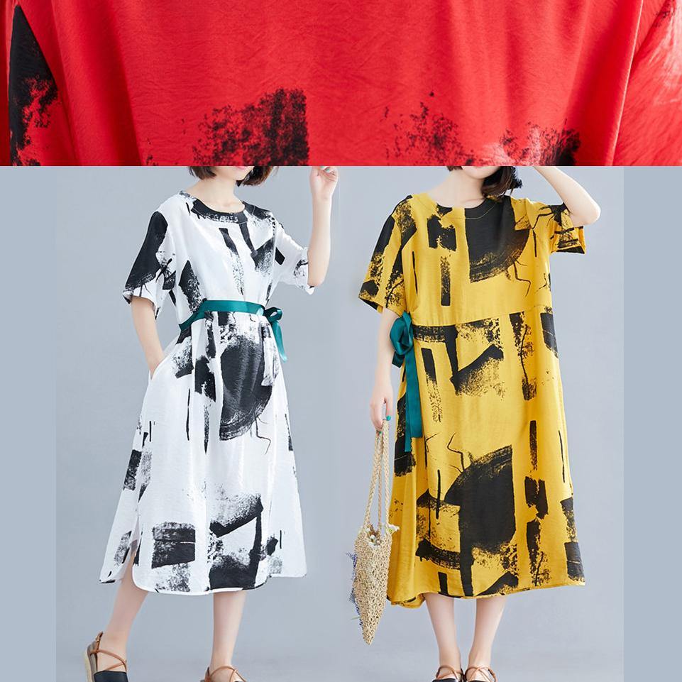 Elegant yellow print cotton Tunic o neck tie waist A Line summer Dresses - SooLinen