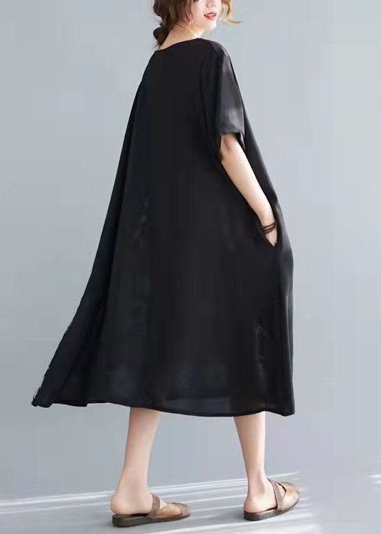 Elegante Schwarze Baumwolltuniken Patchwork Tunika Sommerkleider