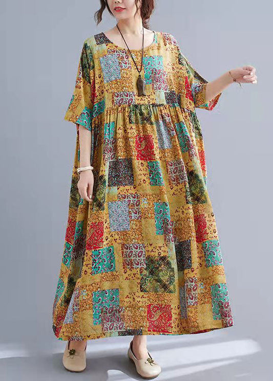 Elegant O Neck Short Sleeve Cotton Long Dresses Patchwork Color Plus Size Clothing Summer Dress