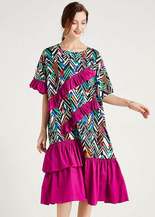 Elegant Orange Print Loose Ruffles Summer Long Dresses - SooLinen