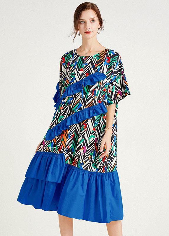 Elegant Orange Print Loose Ruffles Summer Long Dresses - SooLinen