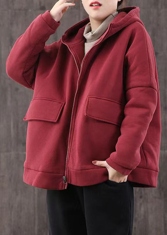 Elegante lässige Winterjacke Patchwork Mäntel rot kurzer Kapuzenmantel
