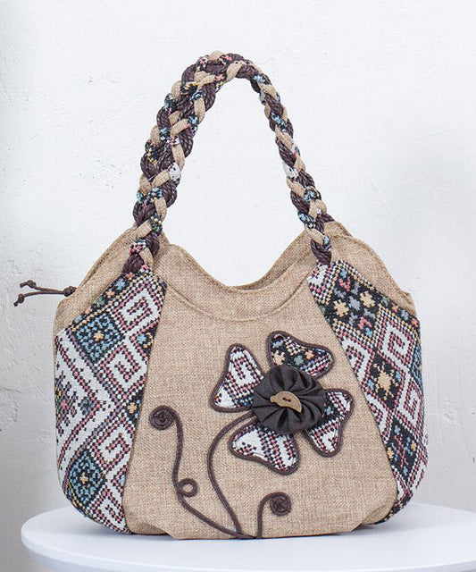 Ethnic Style Grey Canvas Woven Patchwork Tote Bag