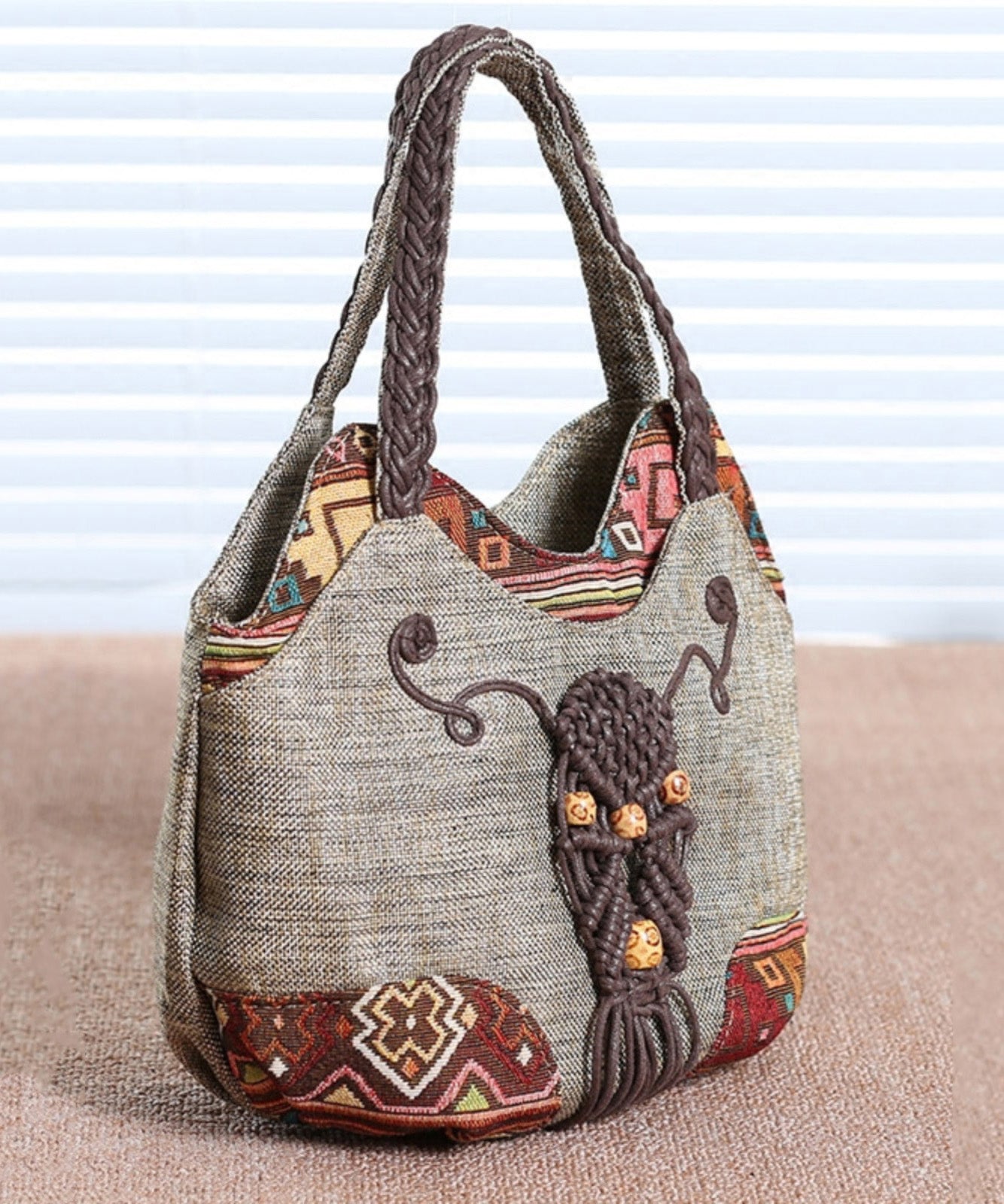 Ethnic Style Grey Canvas Woven Patchwork Tote Bag