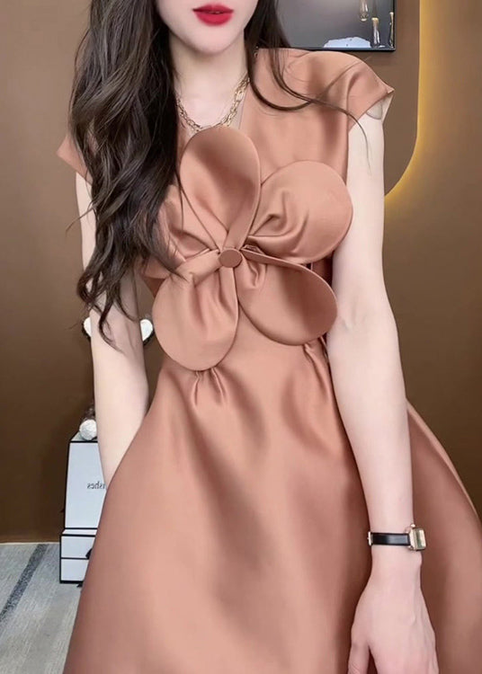 Exquisite Floral Champagne Colored Silk Sleeveless Dress