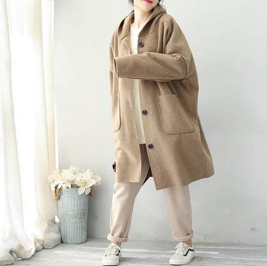 Mode 2018 Khaki Simple Hoodie Mittellanger Wollmantel für Frauen